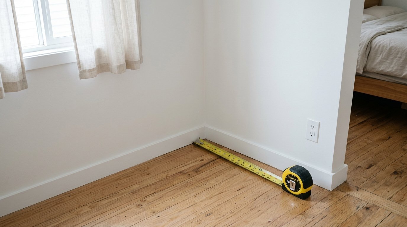 A yellow Stanley tape measure stretched across hardwood floors against a white wall corner.