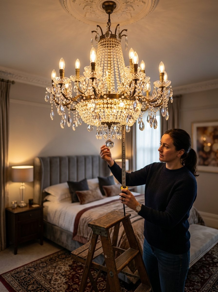 A woman stands on a wooden ladder measuring the drop height of an ornate crystal bedroom chandelier.