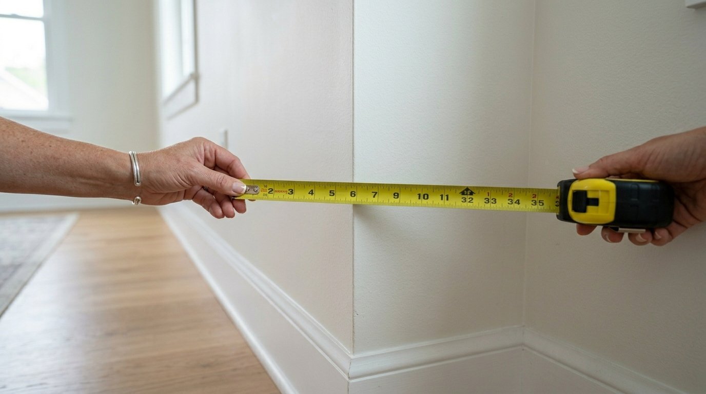 Two hands holding a yellow tape measure across the corner of a white room wall.