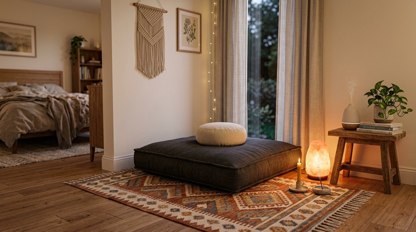 A dark floor cushion sits on a patterned rug near a glowing Himalayan salt lamp and a wooden side table.