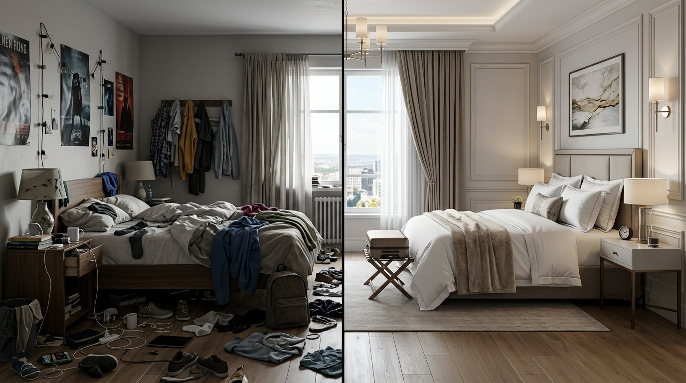 Split screen showing a cluttered messy bedroom on the left and a pristine, elegant bedroom on the right.