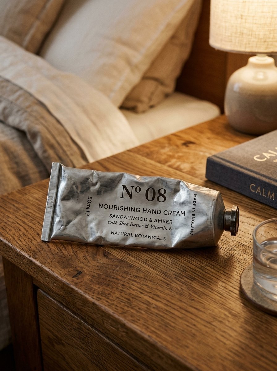 A metal squeeze tube of No 08 hand cream sitting on a wooden nightstand next to a glass of water and a book.
