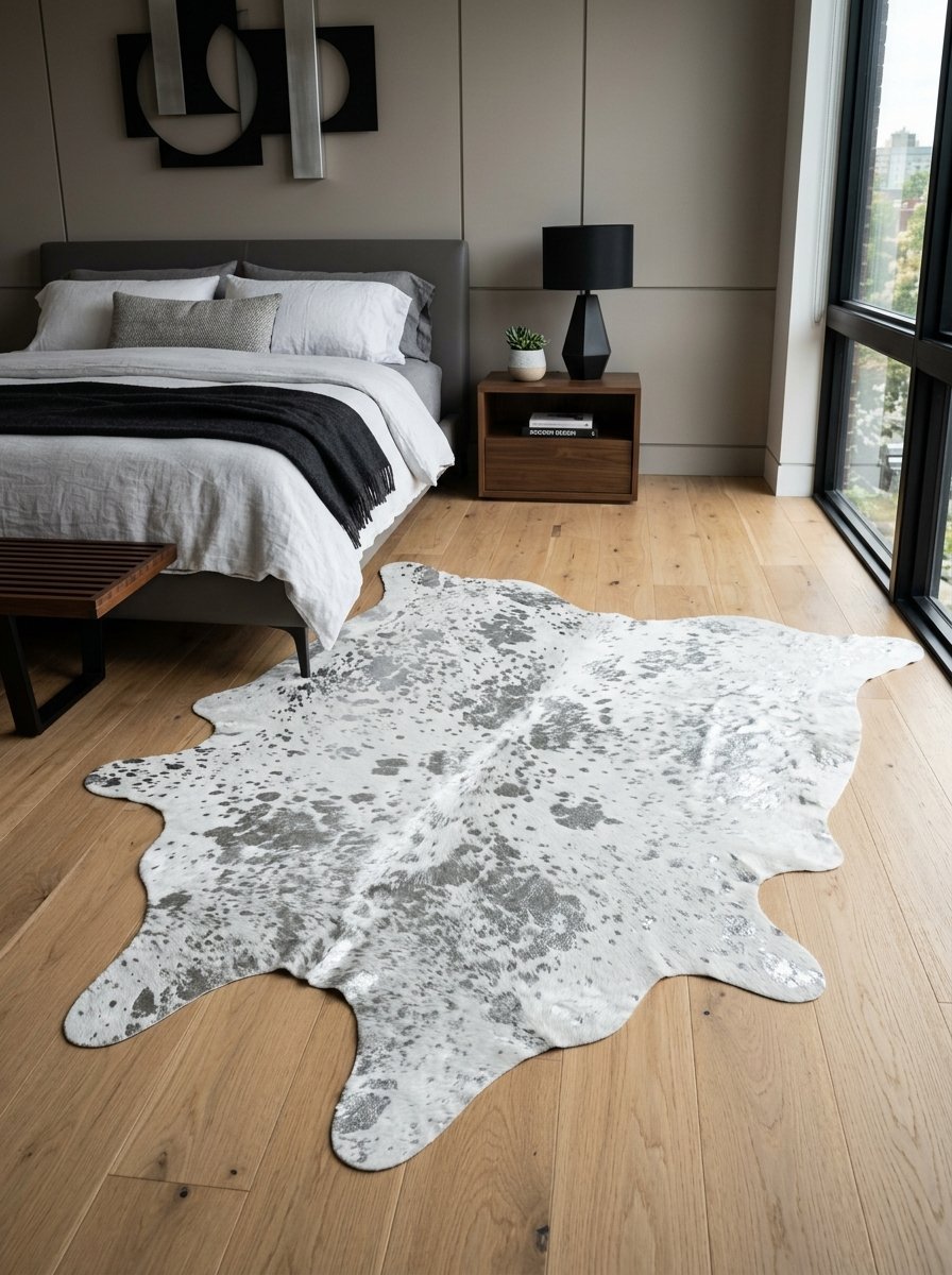 Decorative metallic cowhide rug centered on light hardwood bedroom flooring.