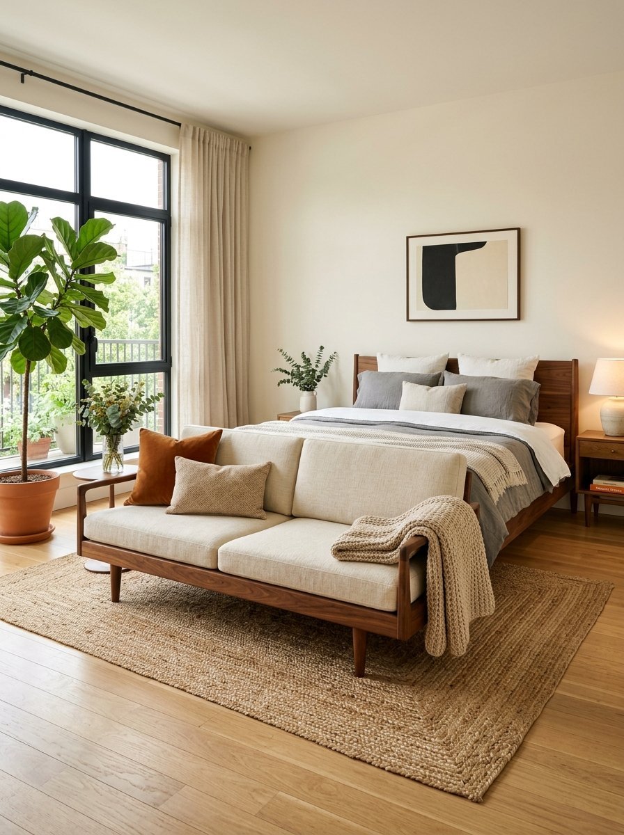 A beige sofa sits on a jute rug in front of a wooden platform bed in a sunlit bedroom.