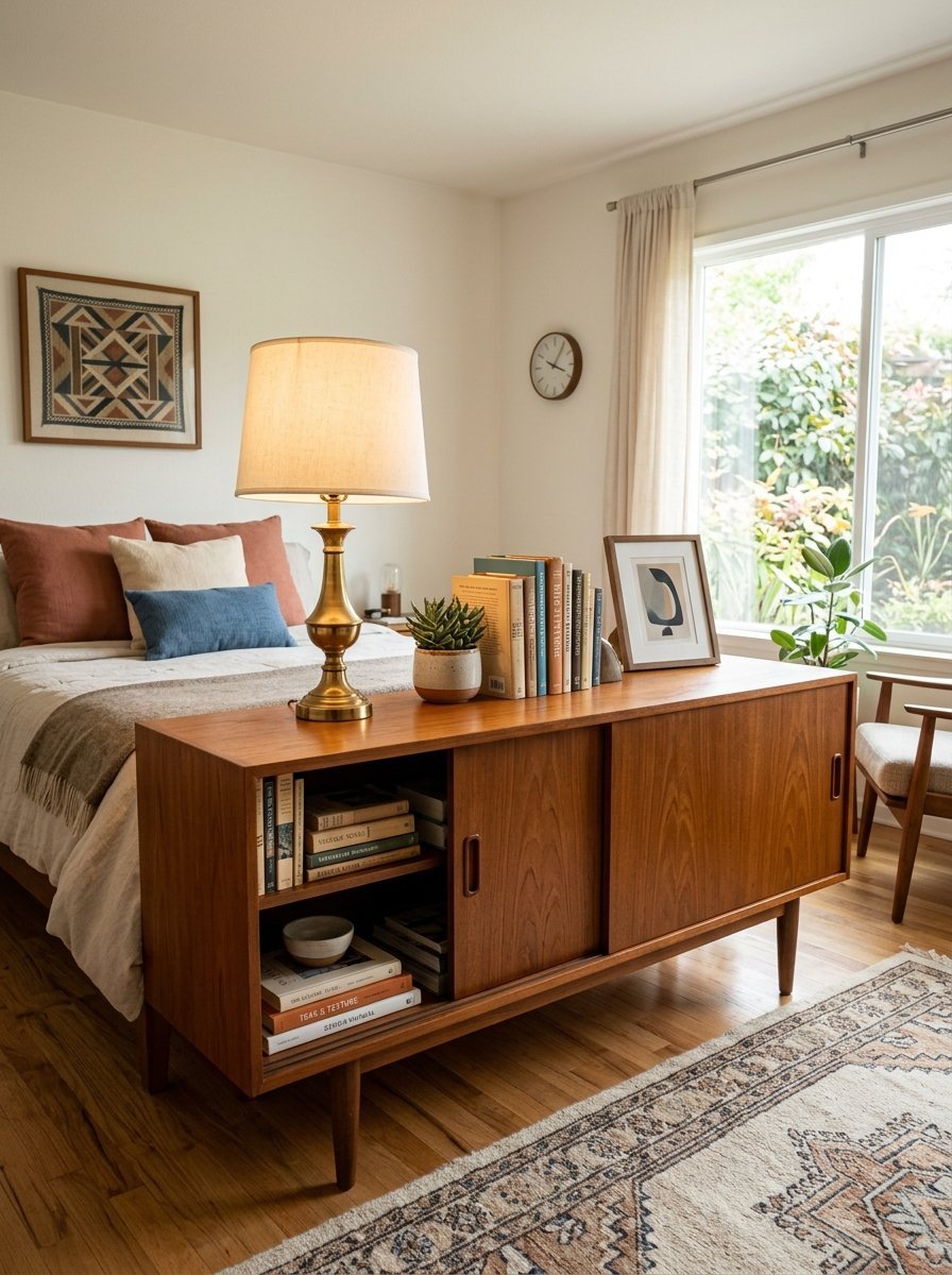 A wooden console table with a brass lamp and books at the foot of a bed in a cozy, sunlit room.