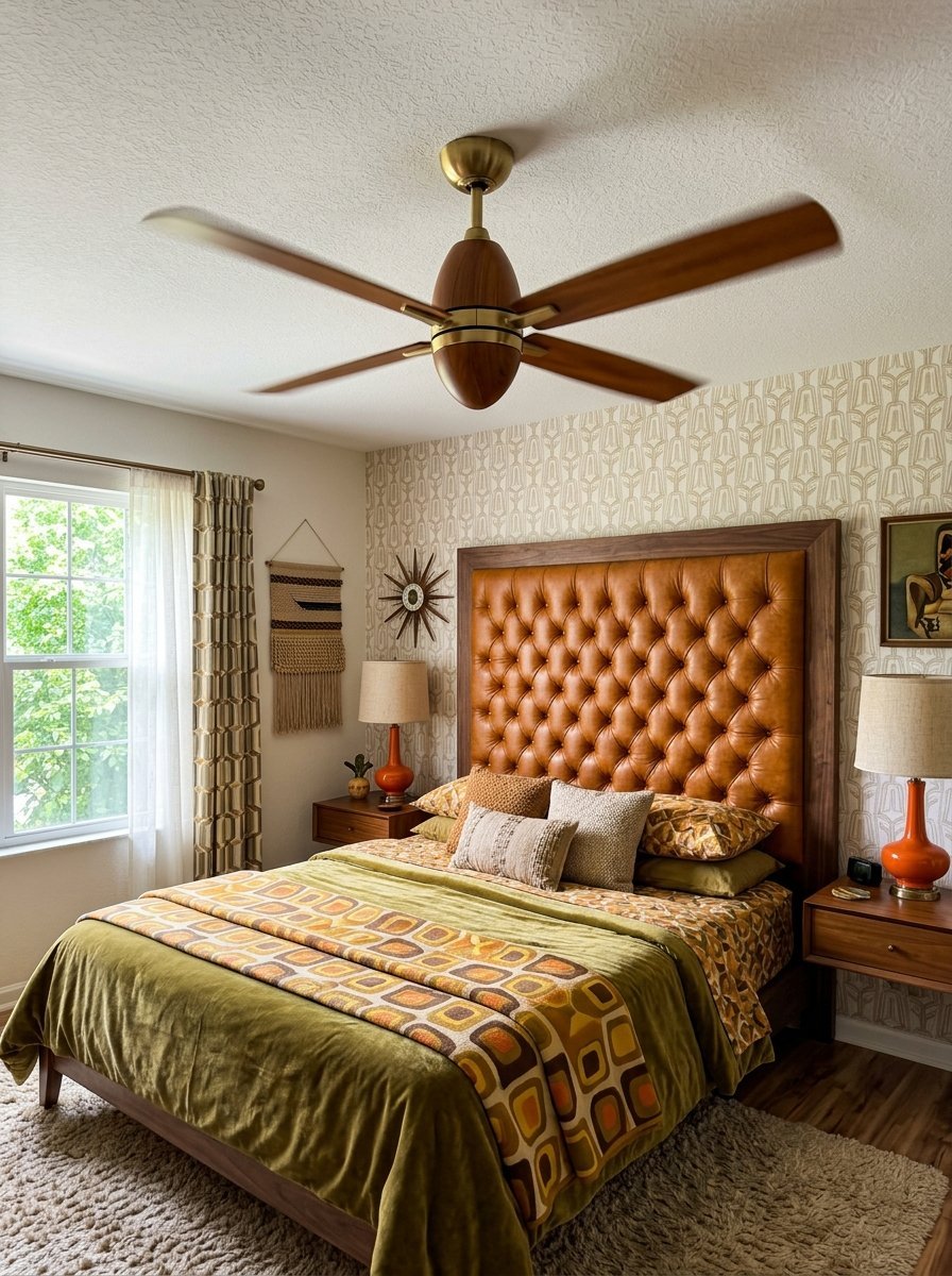 A bedroom with a tan leather button-tufted headboard, geometric patterned olive bedding, and a ceiling fan.