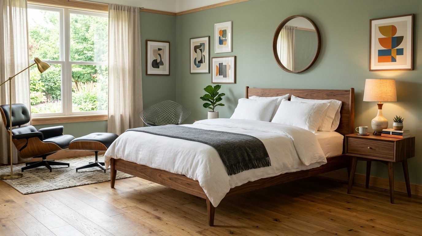 Mid-century modern bedroom with a walnut bed, Eames-style lounge chair, and framed abstract art on sage green walls.