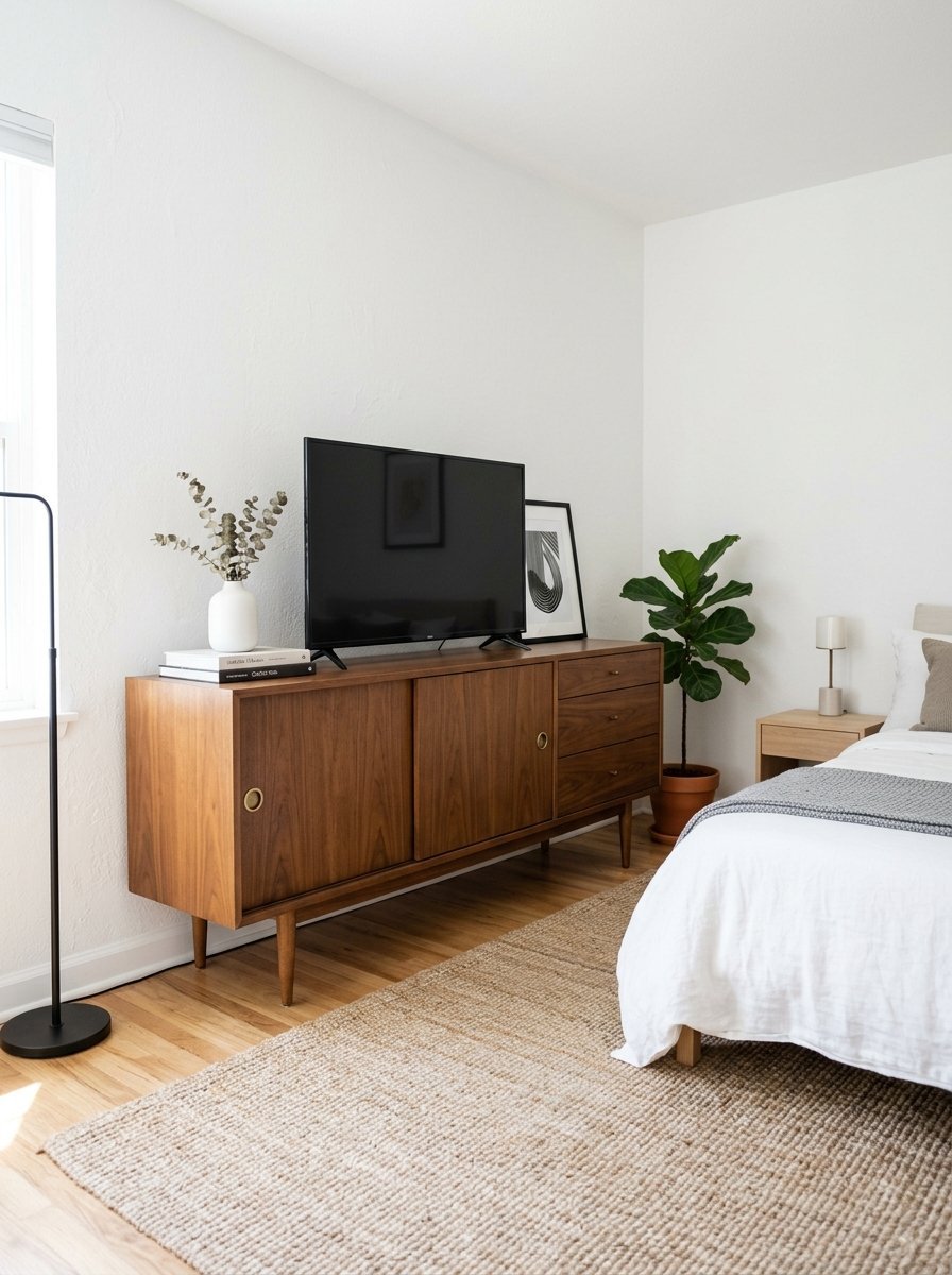 A flat-screen television sits atop a wooden mid-century credenza in a minimalist white bedroom with a jute rug.