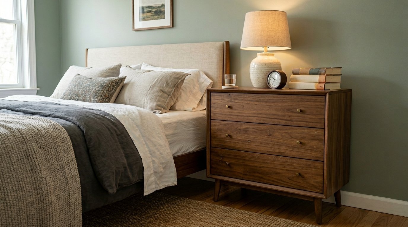 Close up of a wooden mid-century modern nightstand with a lamp and books next to a bed with layered neutral linens.