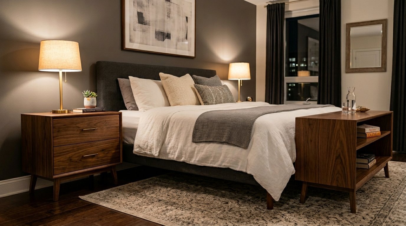 A bedroom at night with walnut bedside tables, a grey upholstered bed, and warm glowing lamps.