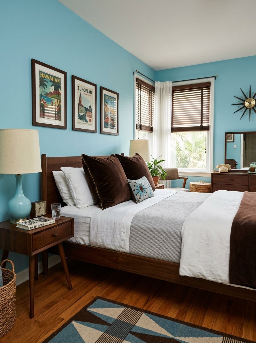 Vintage travel posters hang above a walnut bed in a bright blue mid-century modern style bedroom.