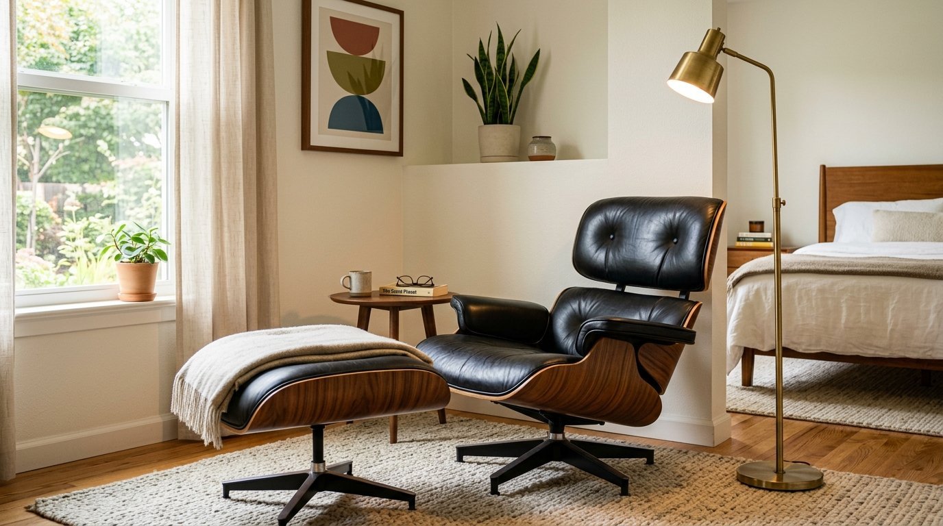 Black leather Eames-style lounge chair with matching ottoman on a rug next to a gold floor lamp.