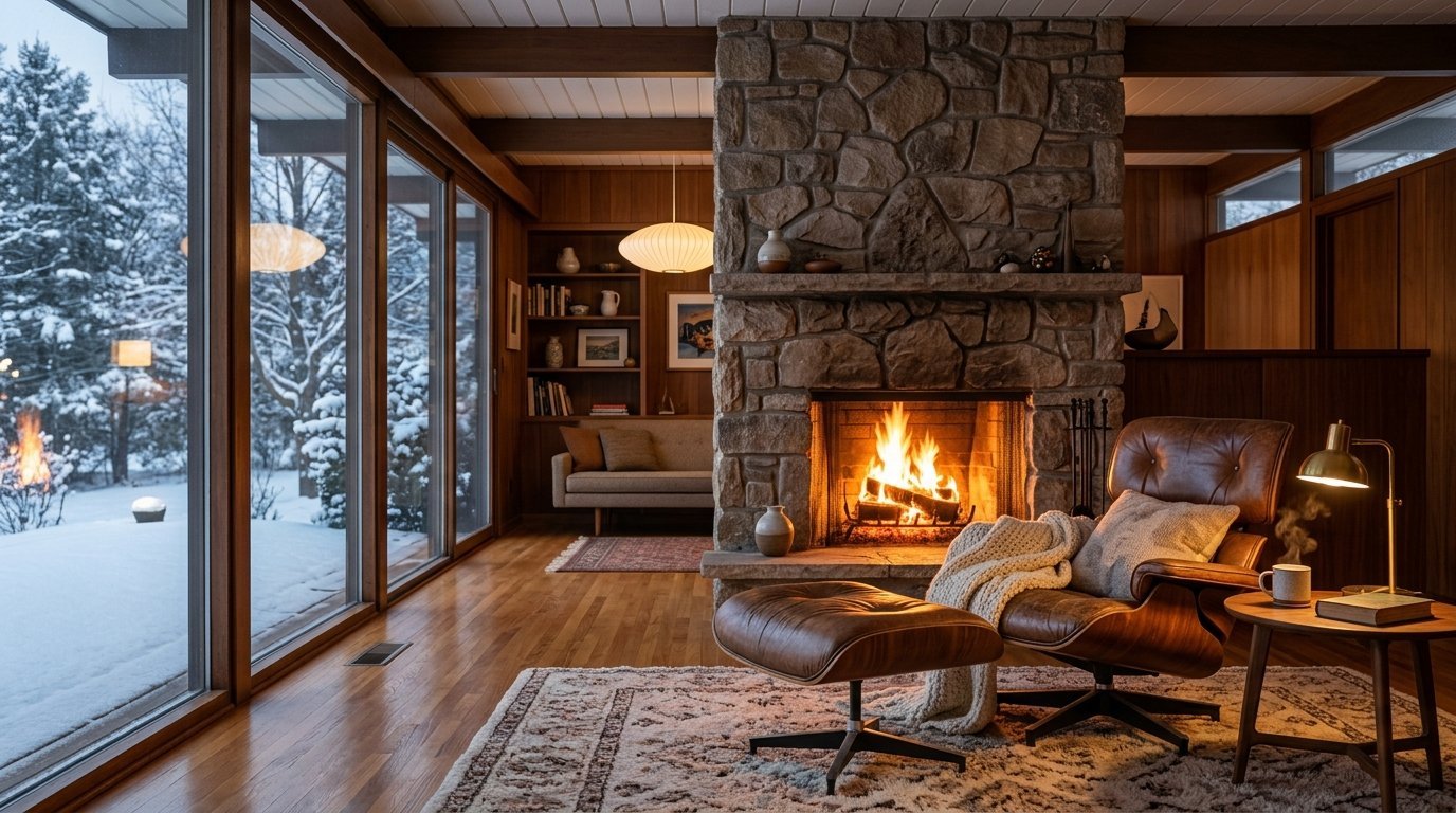 A mid-century modern interior with a stone fireplace, leather lounge chair, and snowy landscape outside window walls.