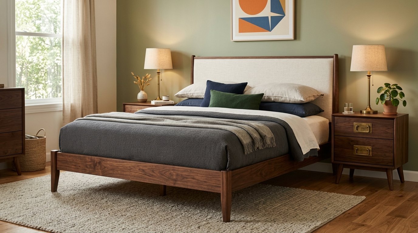 Modern wooden bed with white upholstered headboard, grey bedding, and matching nightstands on a neutral area rug.