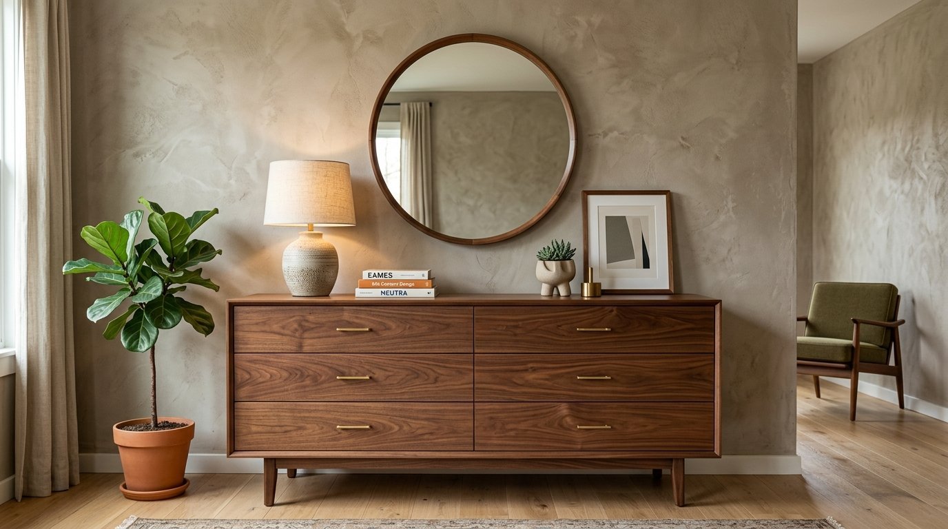 A mid-century modern wooden dresser topped with a lamp, books, and mirror against a textured beige wall.