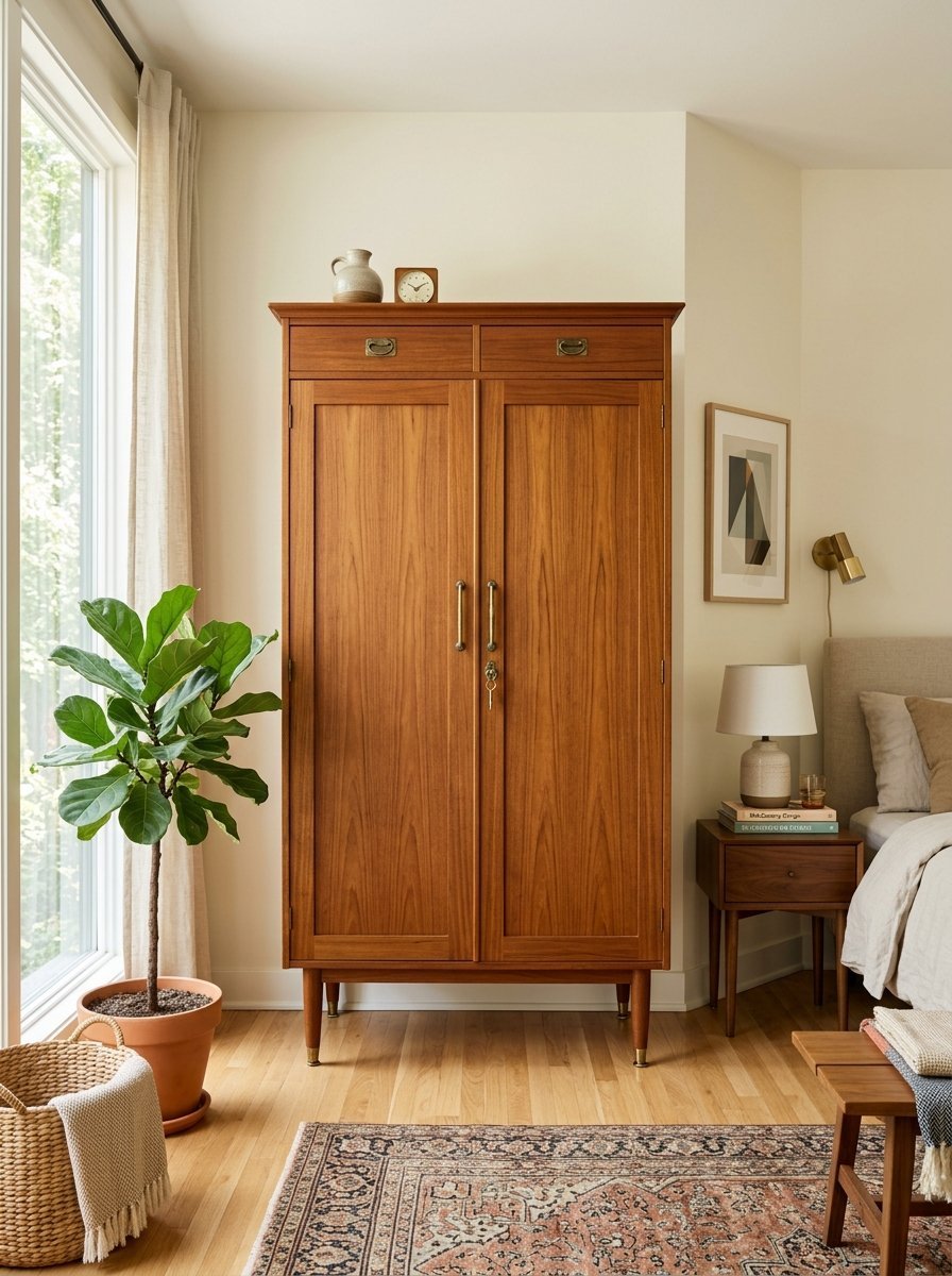 A vintage-style wood cabinet with two doors and drawers positioned between a window with a plant and a bed.