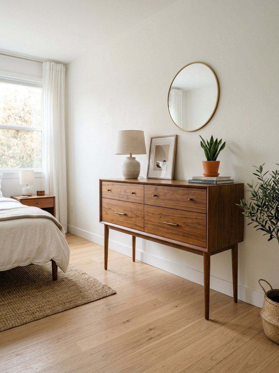 Mid-century wooden dresser topped with a table lamp, framed art, a small plant, and a brass round mirror.