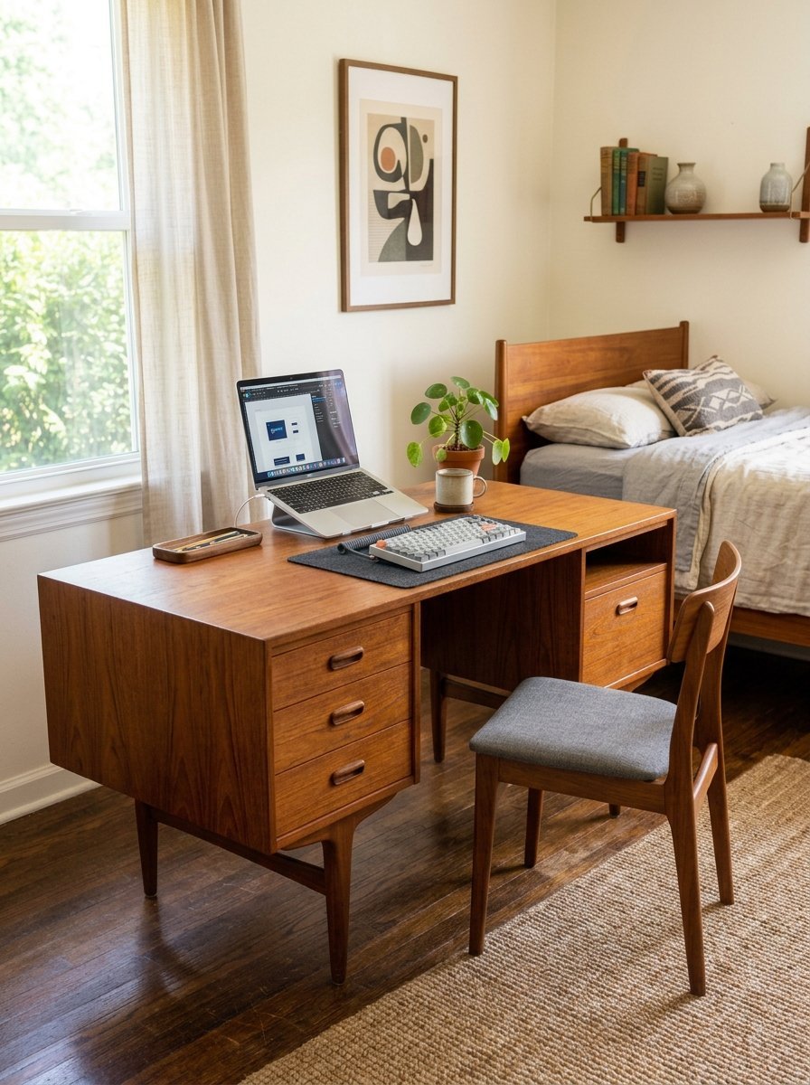A modern laptop and mechanical keyboard sit on a wooden desk in a bedroom with a bed and wall art.