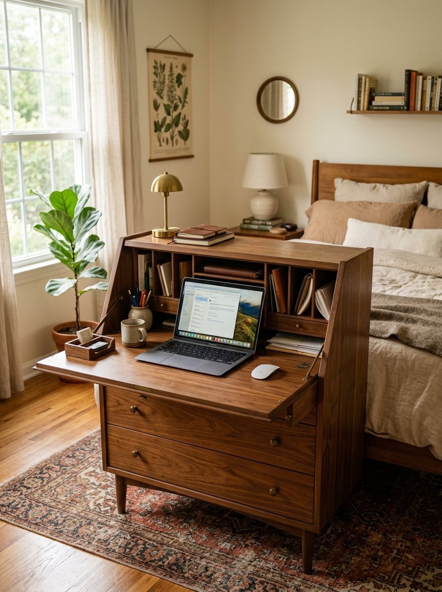 Open walnut secretary desk with a laptop and accessories in a bedroom next to a bed.