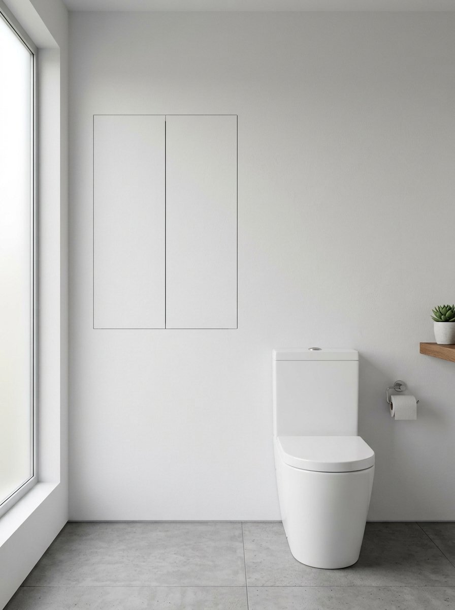 Modern white toilet next to a wall with integrated flush panel doors and a small potted succulent on a wooden shelf.