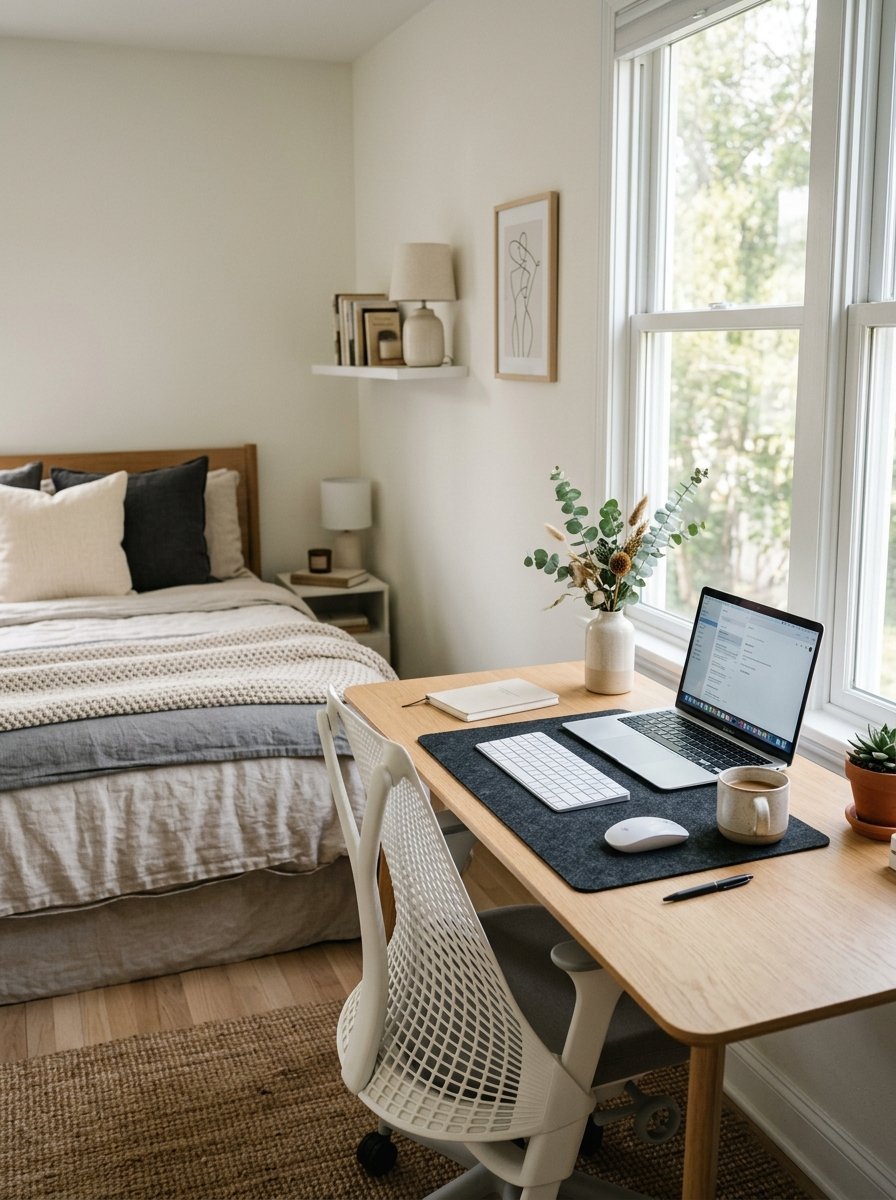 Laptop and workspace on a wooden desk next to a cozy bed in a neutral-toned bedroom.
