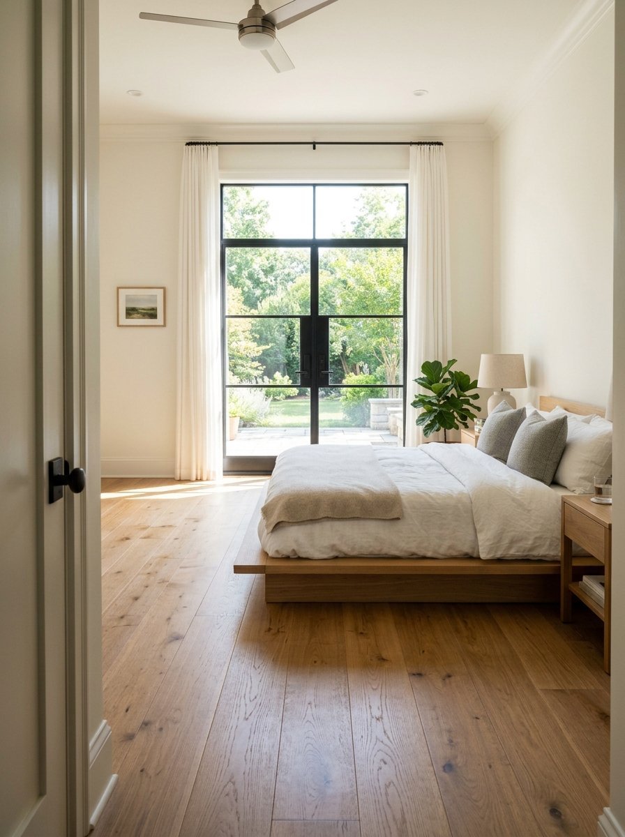 A serene bedroom with a low wooden bed platform, hardwood floors, and a floor-to-ceiling glass door leading to a patio.
