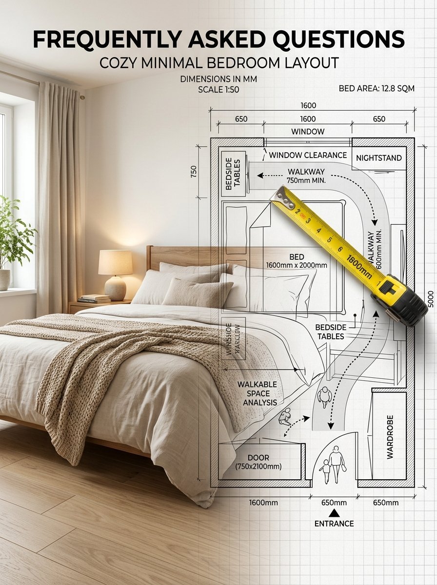A bedroom interior design blueprint featuring a tape measure and walkable space analysis.