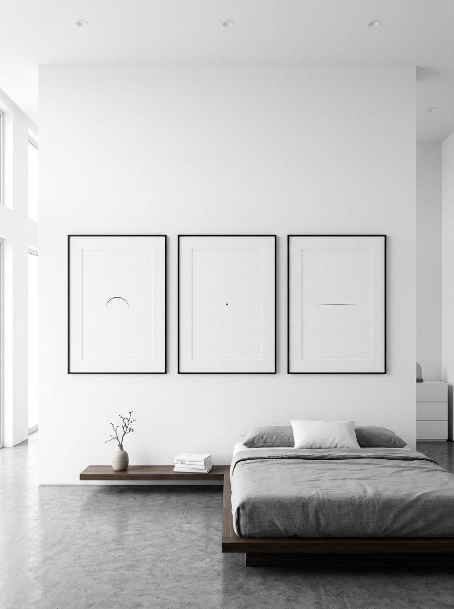 A modern white bedroom featuring three black framed prints with simple geometric designs on the wall above a wooden bed.