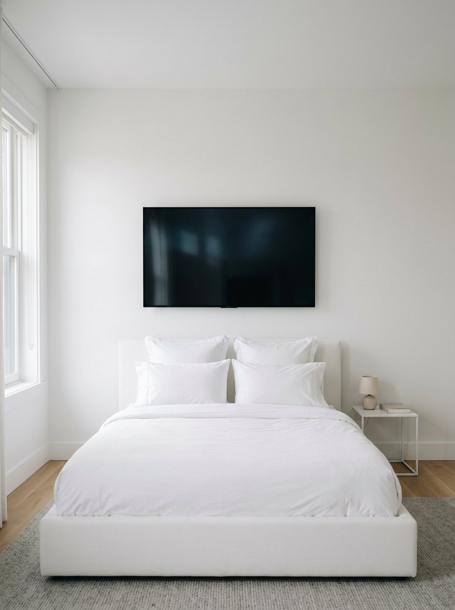 A pristine white bedroom with a platform bed and a black television screen mounted on the plain wall above it.