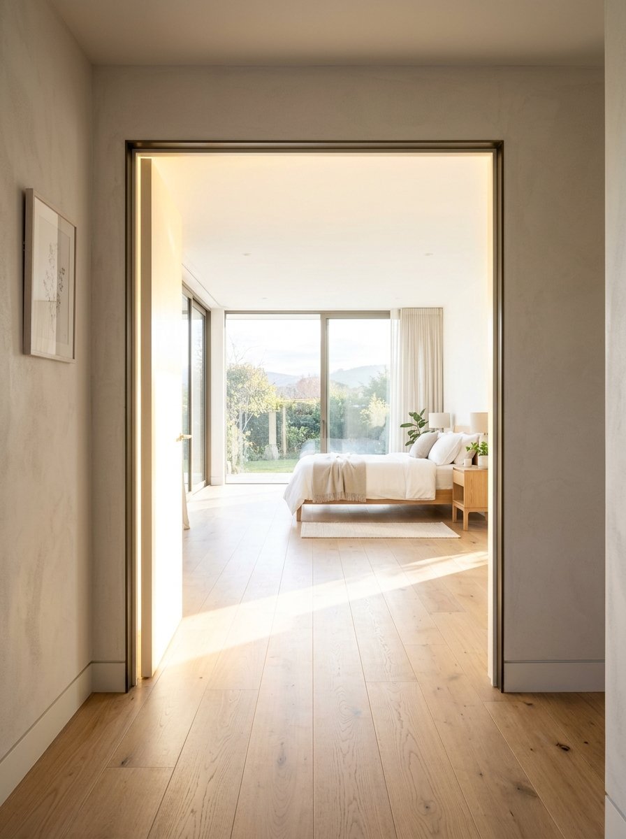 A sunlit bedroom with a wooden bed frame seen through an open doorway from a light-colored hallway.