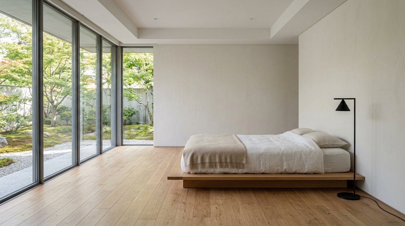 A wooden platform bed in a spacious bedroom overlooking a manicured zen garden through large glass walls.