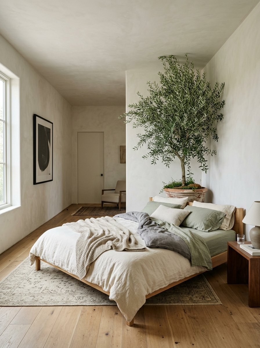 Neutral bedroom with a wooden bed frame, layered bedding, and a tall olive tree in a clay pot against a white wall.