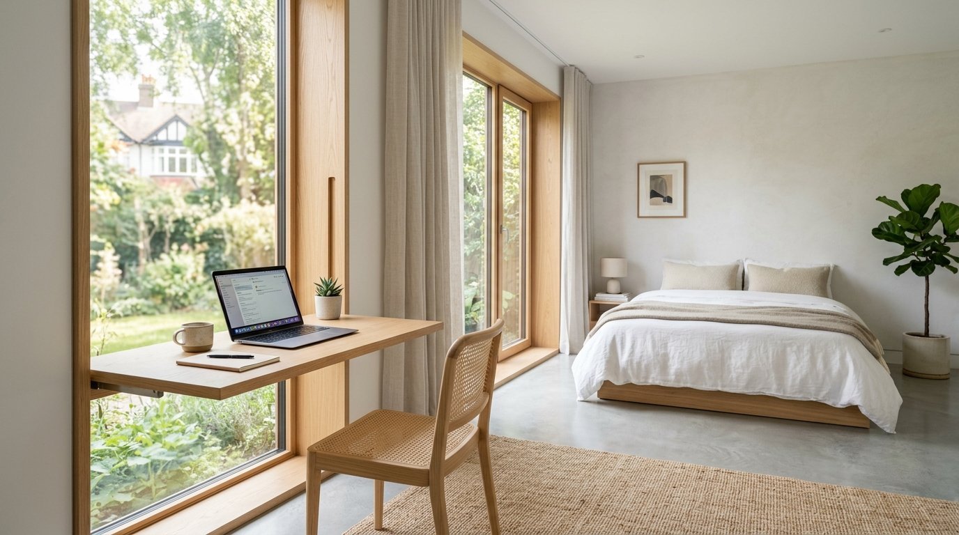 A sunlit bedroom with a desk by the window, a cane chair, and a neatly made bed with white linens.