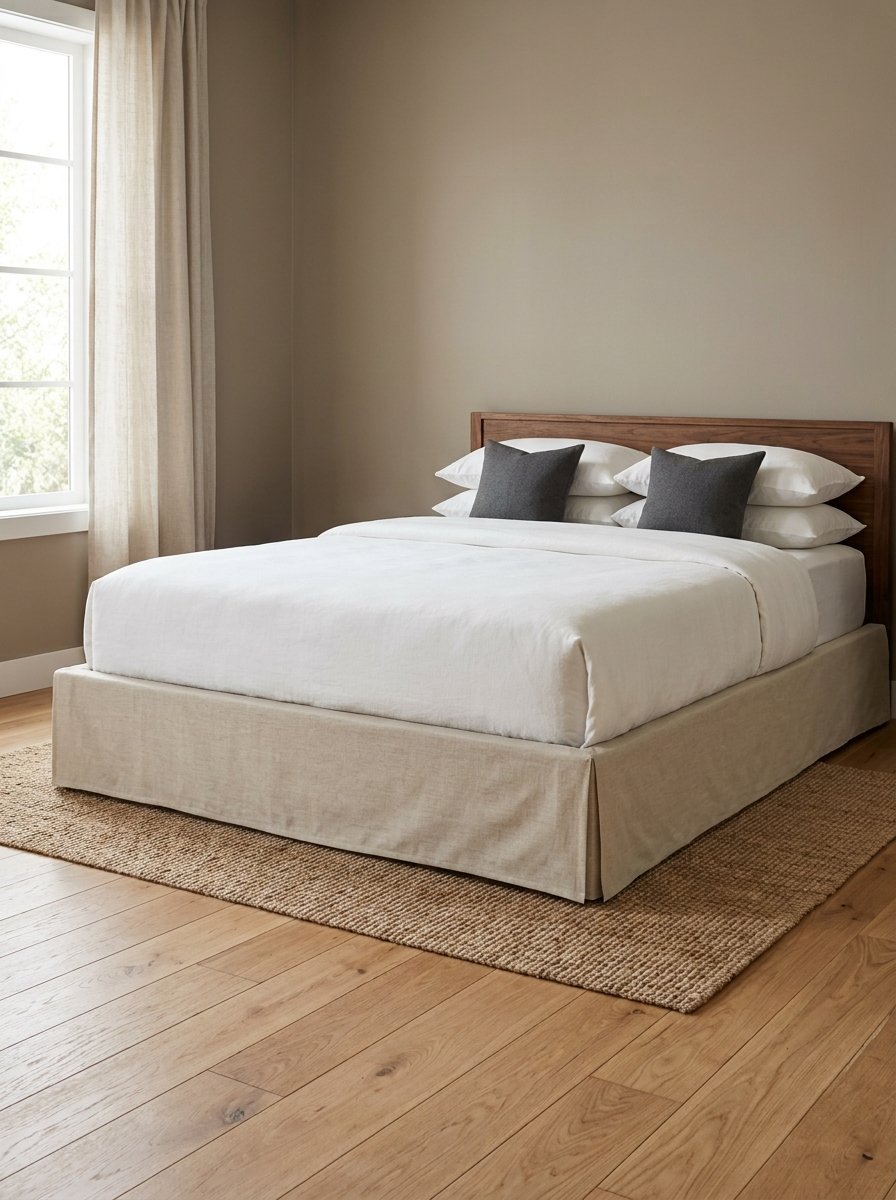 Modern bed with white bedding and two dark grey cushions against a walnut headboard on a jute rug.