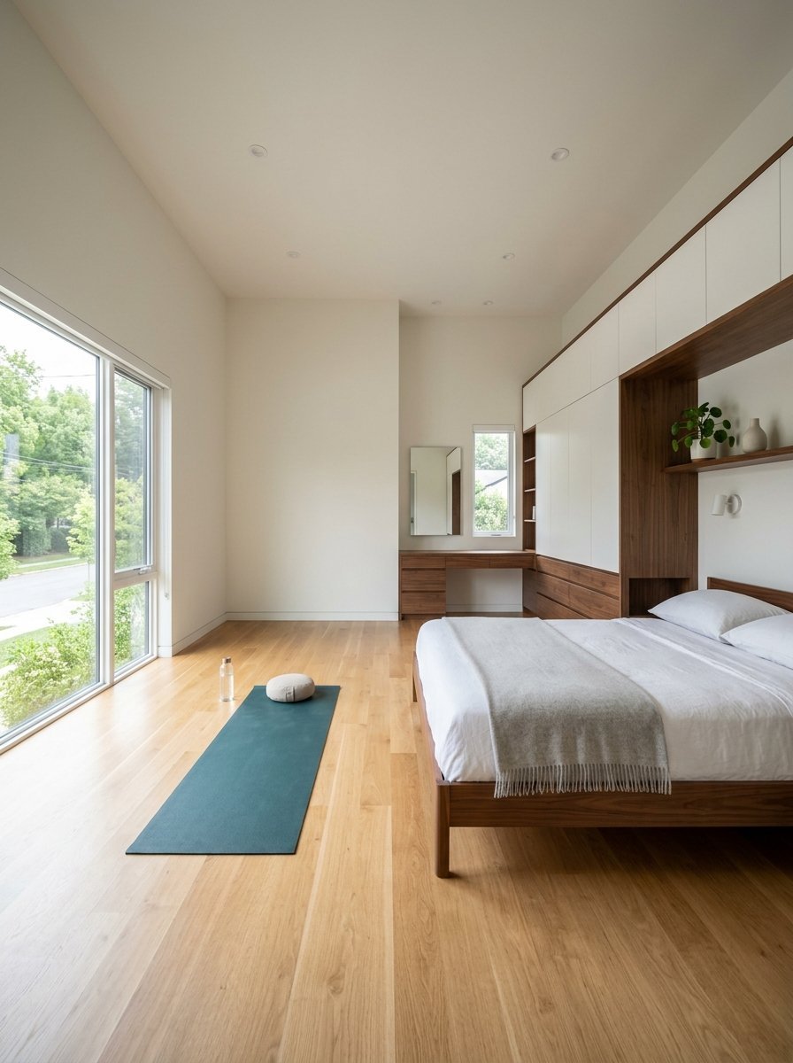 Spacious bedroom with white walls, light wood flooring, a yoga mat, and a platform bed with integrated wall cabinetry.