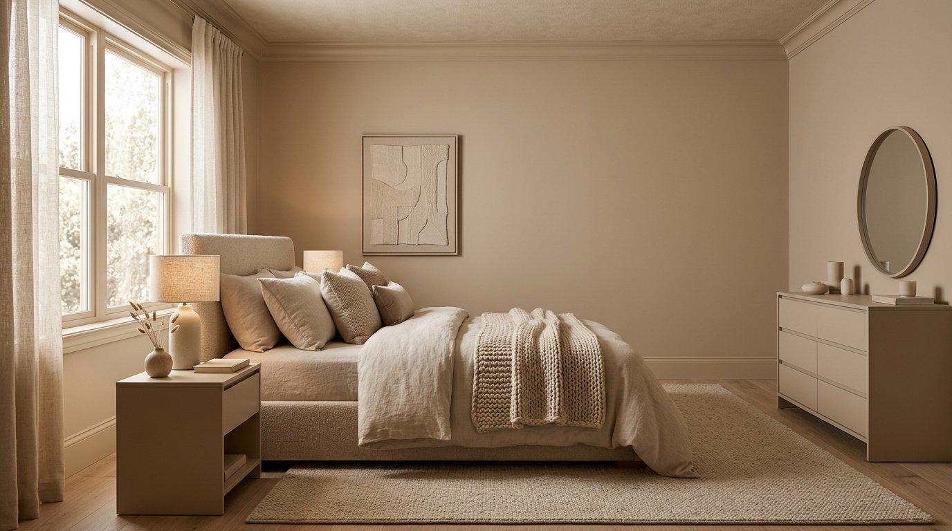 Modern bedroom with a beige upholstered bed, matching dresser, round mirror, and textured wall art.