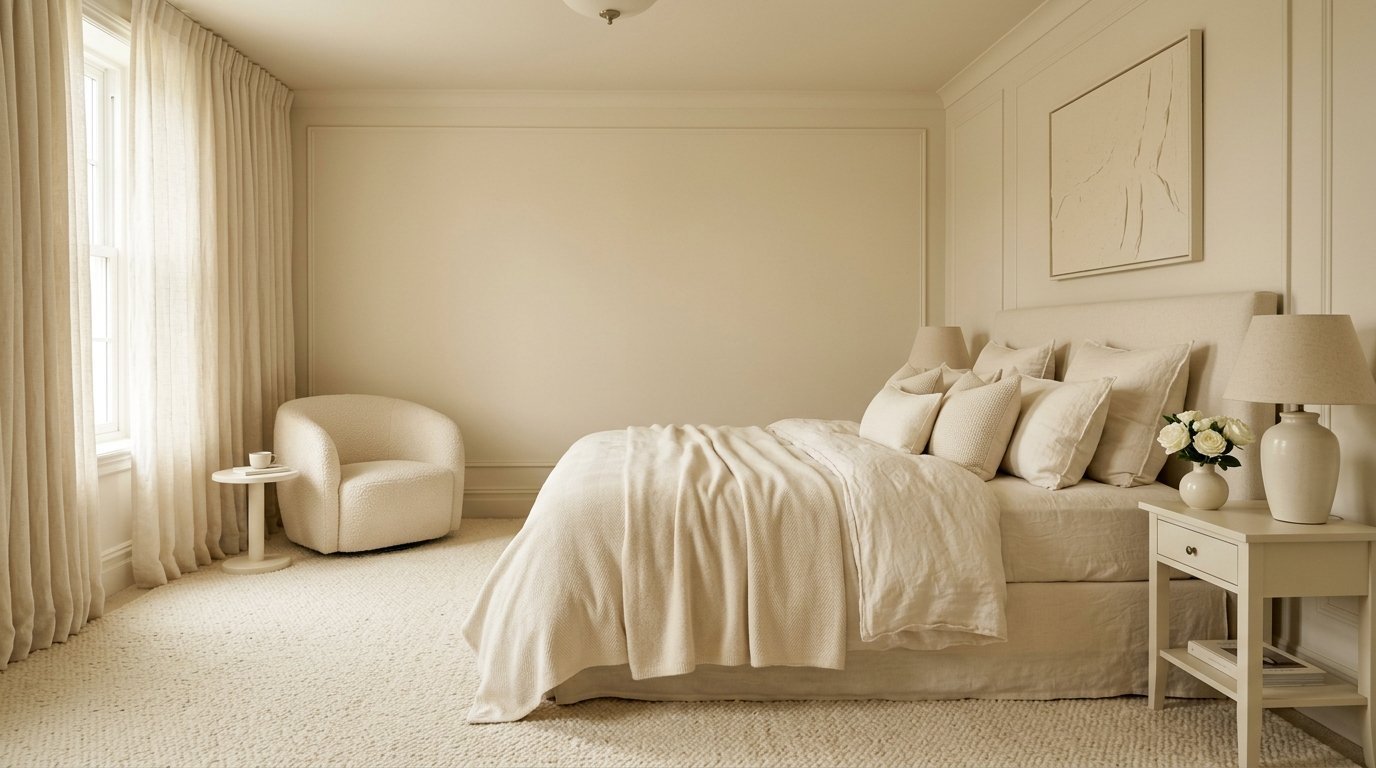 Monochromatic beige bedroom with a textured bed, round swivel chair, and elegant bedside table lamp.