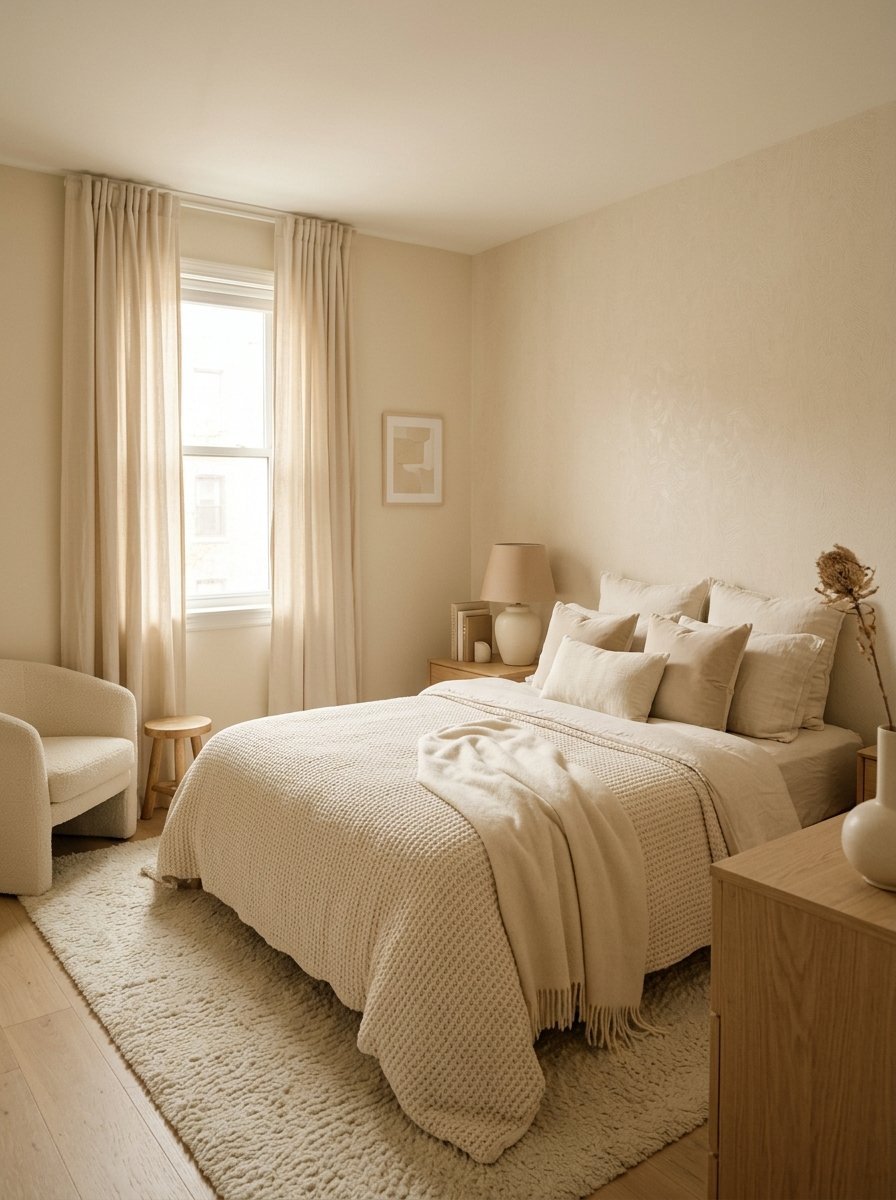 A calm, monochromatic bedroom featuring a cream-colored bed, textured throw blanket, and a soft rug on wooden floors.