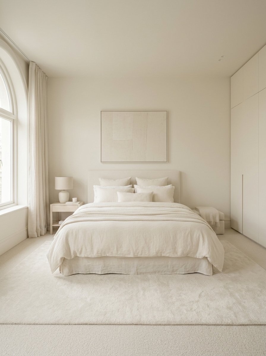 A beige bedroom interior featuring a made bed, arched window with drapes, and minimalist abstract wall art.