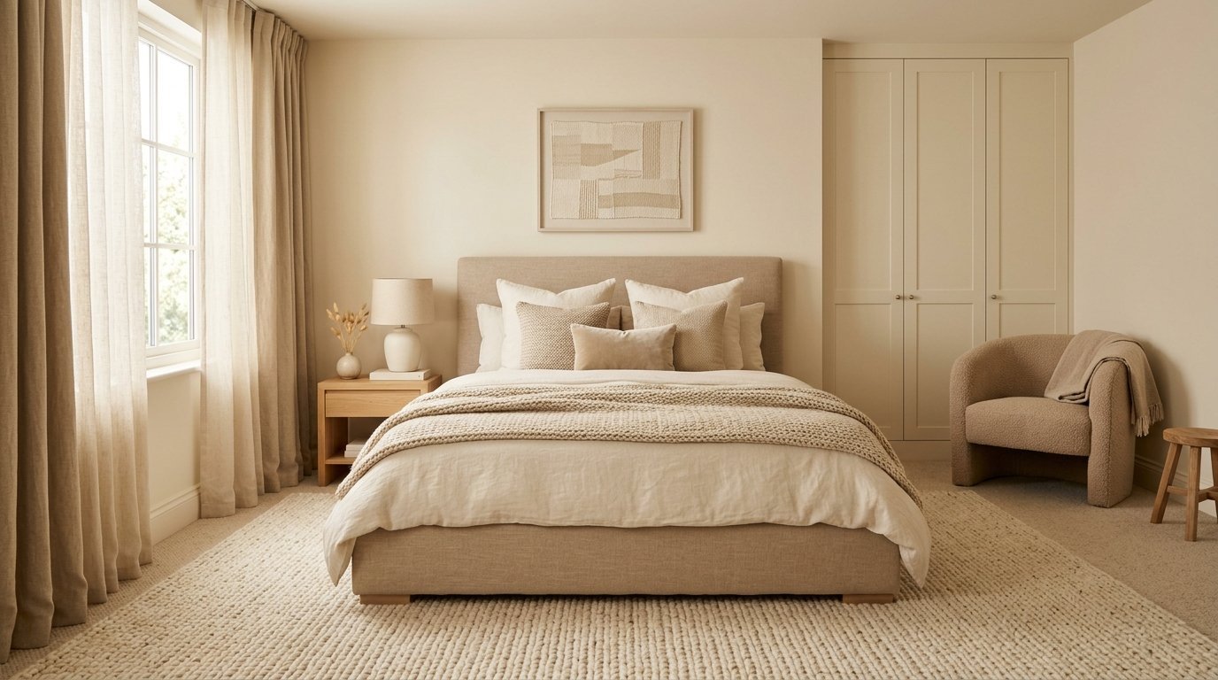 Neutral bedroom featuring a beige upholstered bed, cozy cream knit bedding, and a matching boucle armchair.