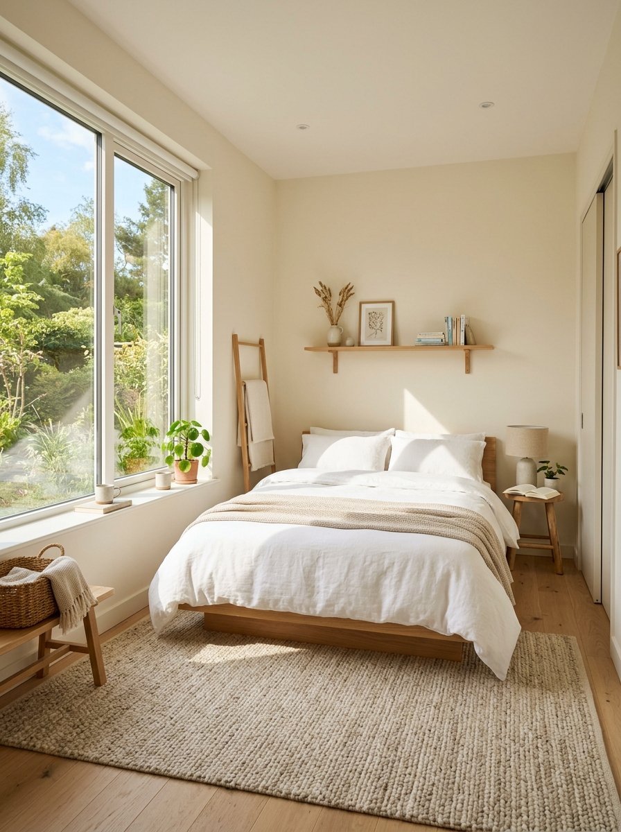 Modern bright bedroom with a platform bed, woven rug, and large windows overlooking a lush green garden.