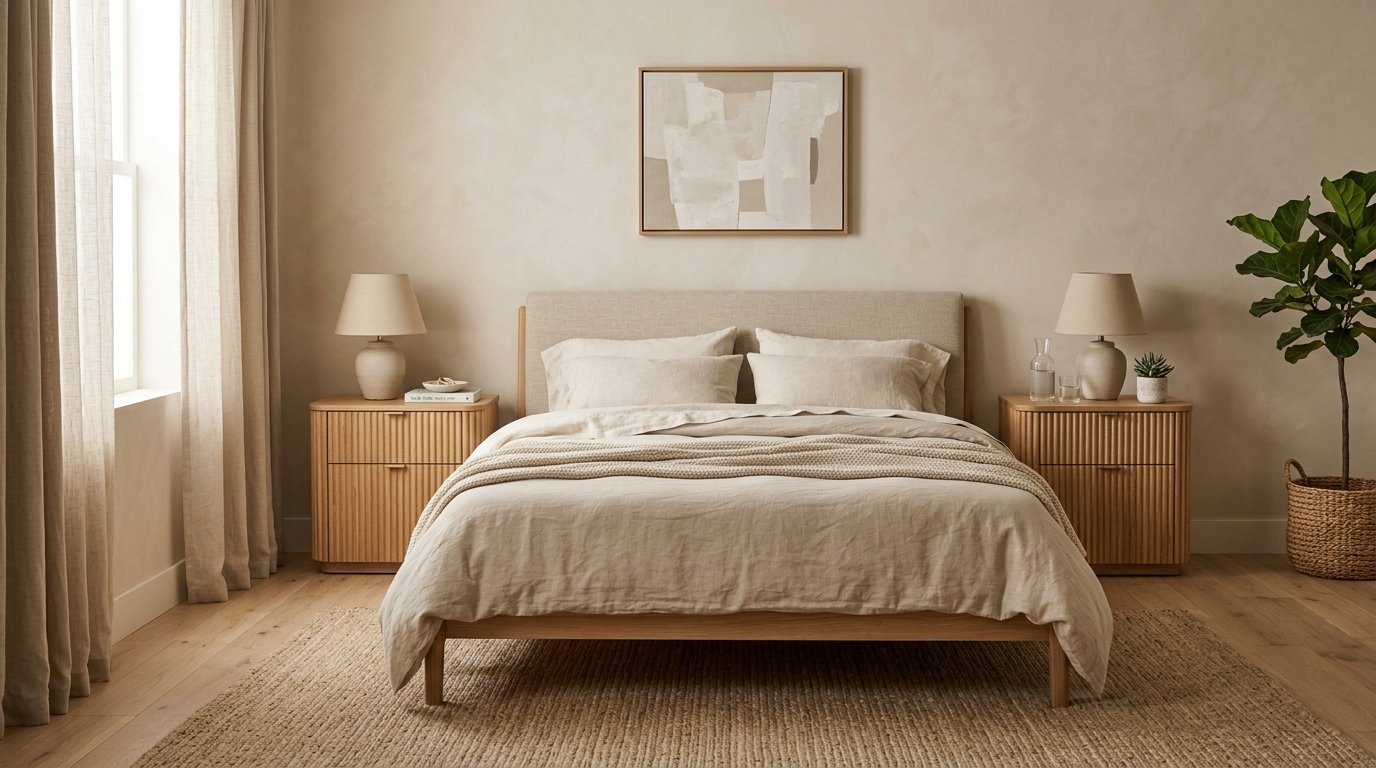 Neutral bedroom with upholstered bed frame, fluted nightstands, and textured abstract wall art.