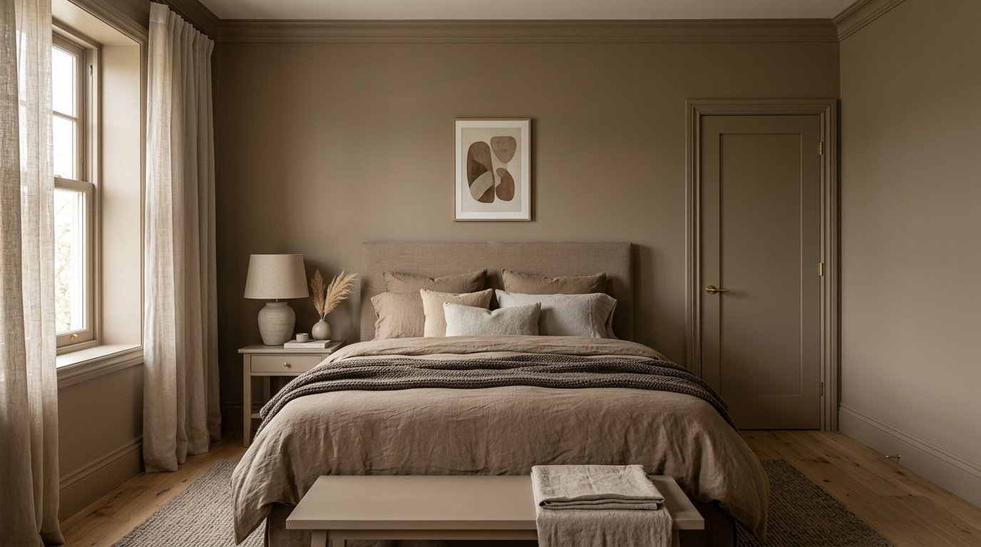 A beige bedroom with linen bedding, a bedside table with a lamp, and wall art in a monochromatic interior design.