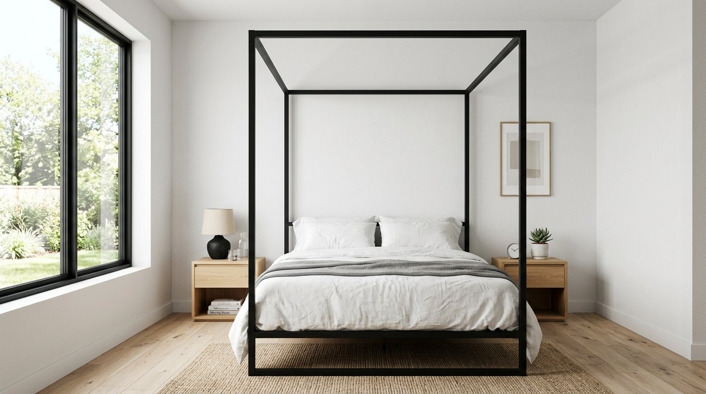 Modern bedroom with a black canopy bed, white bedding, light wood nightstands, and a window view.