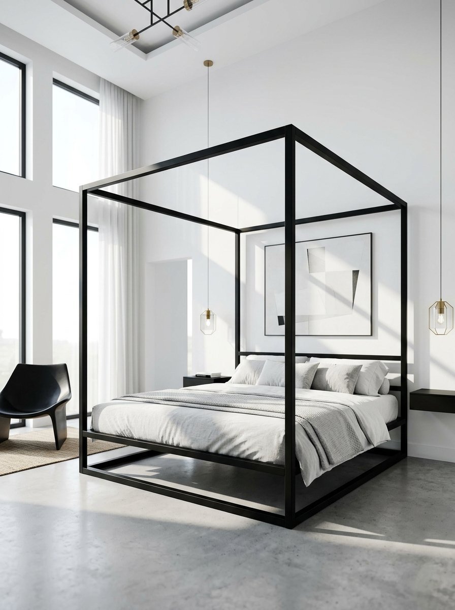 Contemporary bedroom with a metal four-poster bed, concrete floors, and floor-to-ceiling windows.