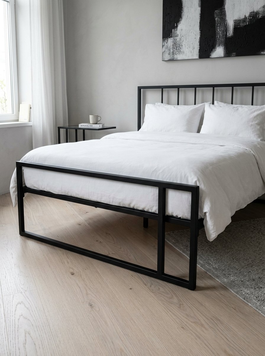Modern bedroom with a white bed, black iron frame, light wood floors, and abstract wall art.