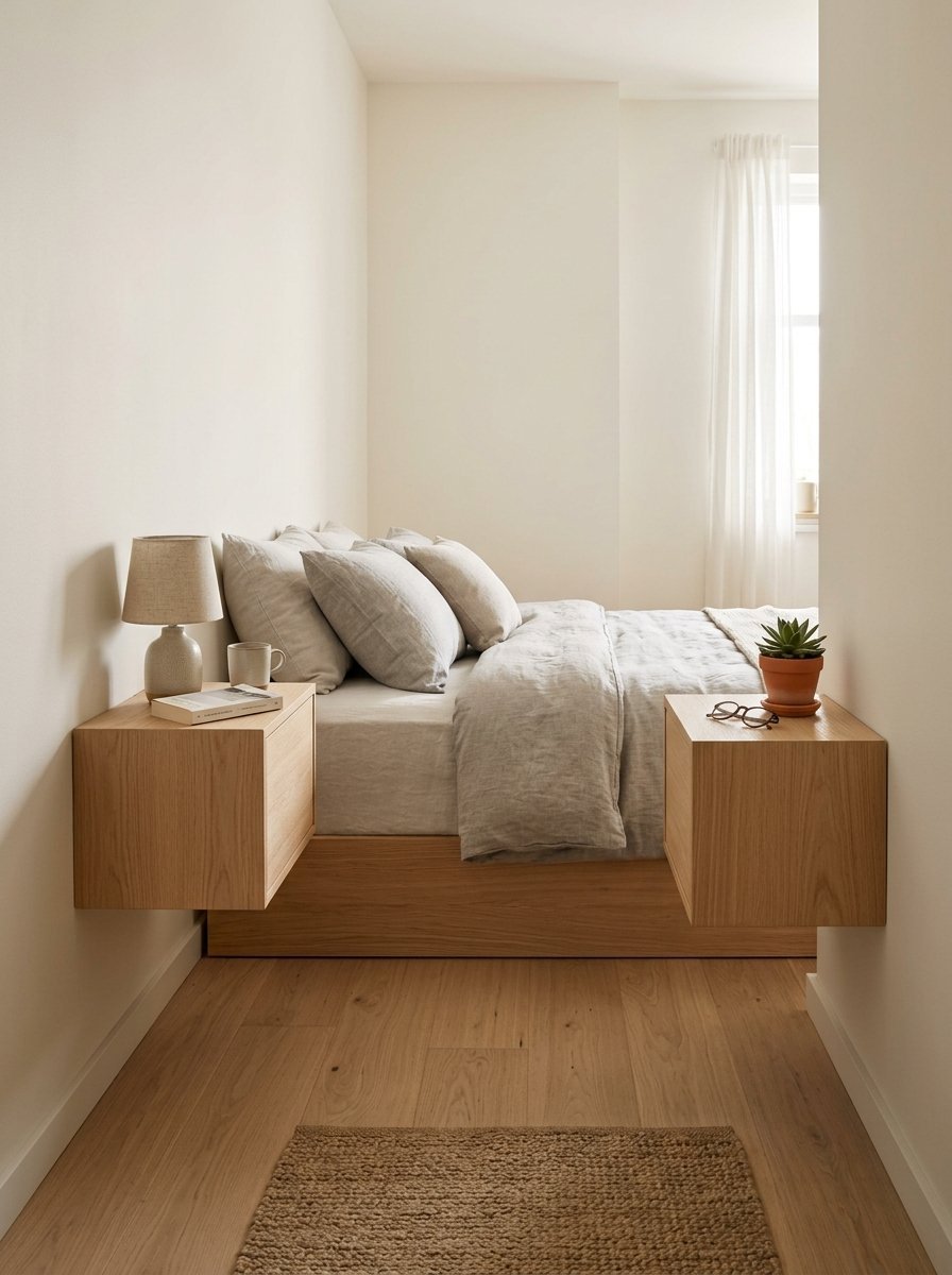 Small bedroom interior with a wooden platform bed and dual wall-mounted nightstands beside a window.