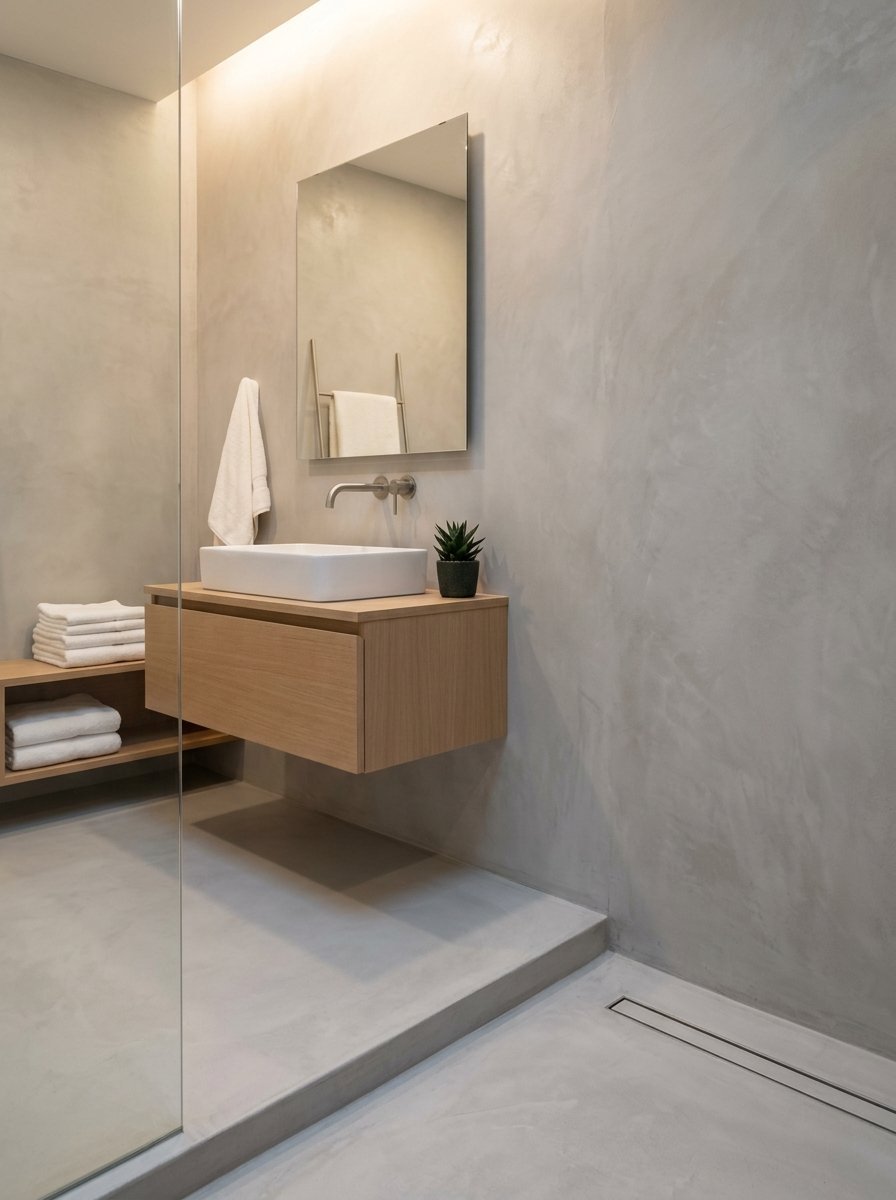 Modern bathroom with a wooden wall-mounted sink, gray concrete walls, and stack of white towels on open shelving.