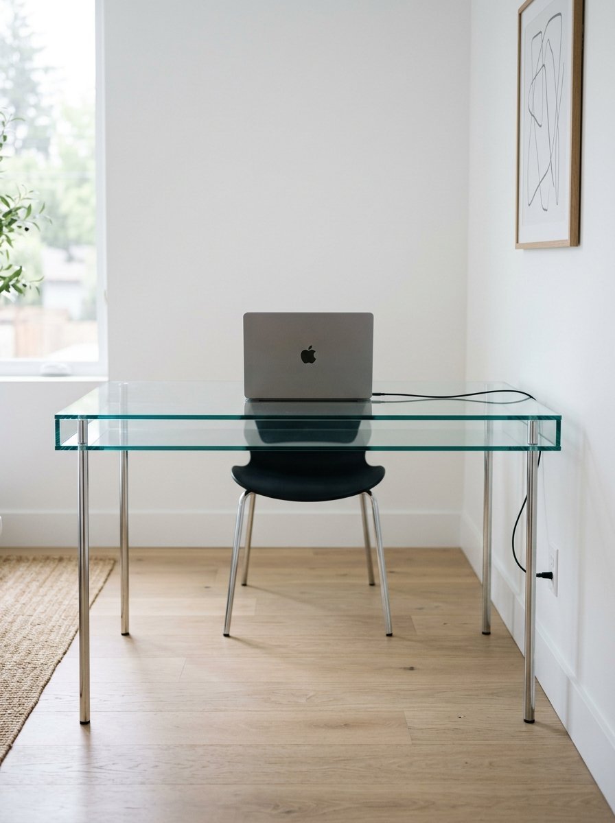A grey Apple laptop sitting on a clear glass desk with thin metal legs in a brightly lit room.