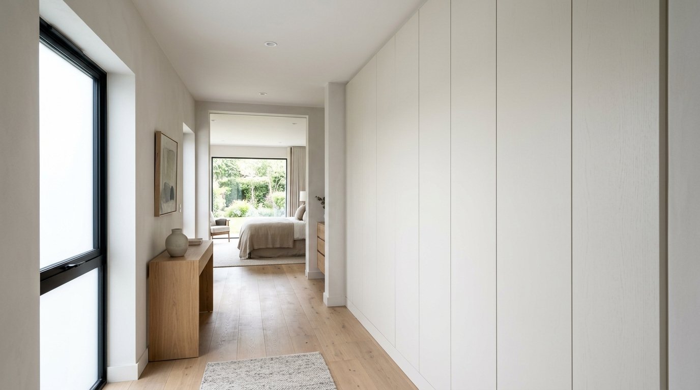 A sunlit corridor featuring tall seamless wardrobe doors and a wooden console table leading into a bedroom.